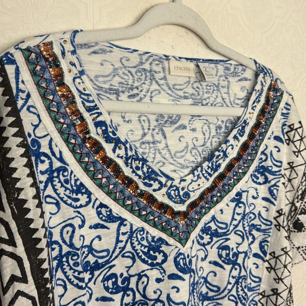 Chico’s Beaded Boho Embroidered V-Neck Top – Size 2 Large Blue White Beads - Picture 5 of 6